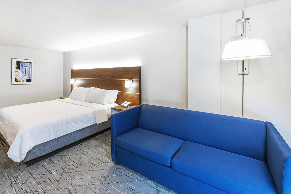 Une chambre d’hôtel avec un lit, un canapé bleu, une table de chevet avec une lampe et un téléphone fixé au mur.