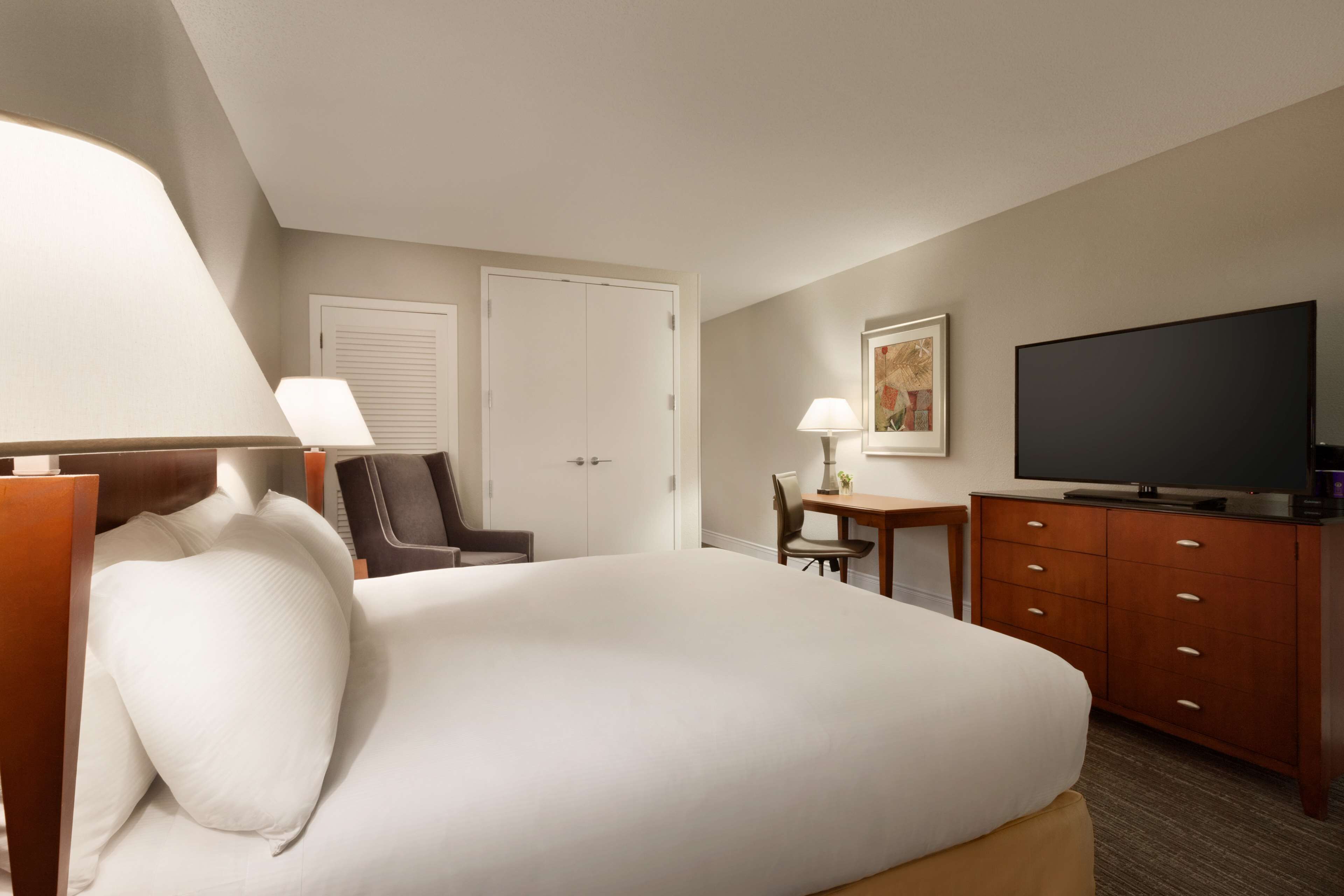 A hotel room with a large bed, a desk, a television, and a door.