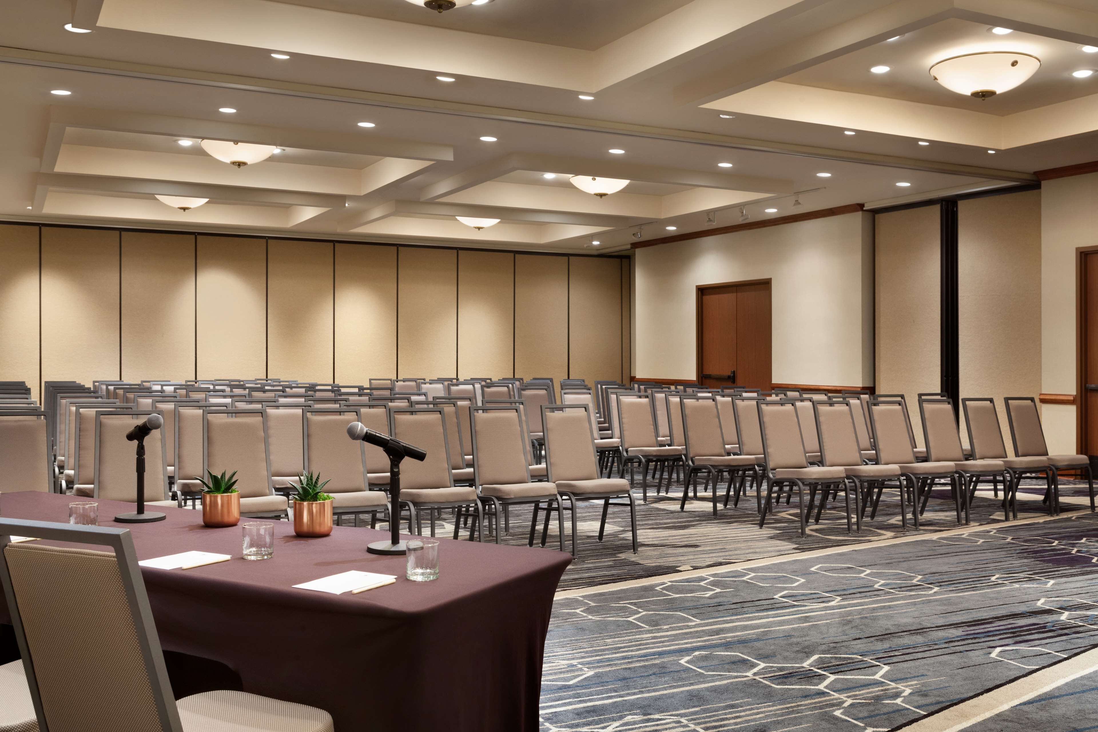 A conference room with rows of chairs, a table with a microphone, and a carpeted floor.