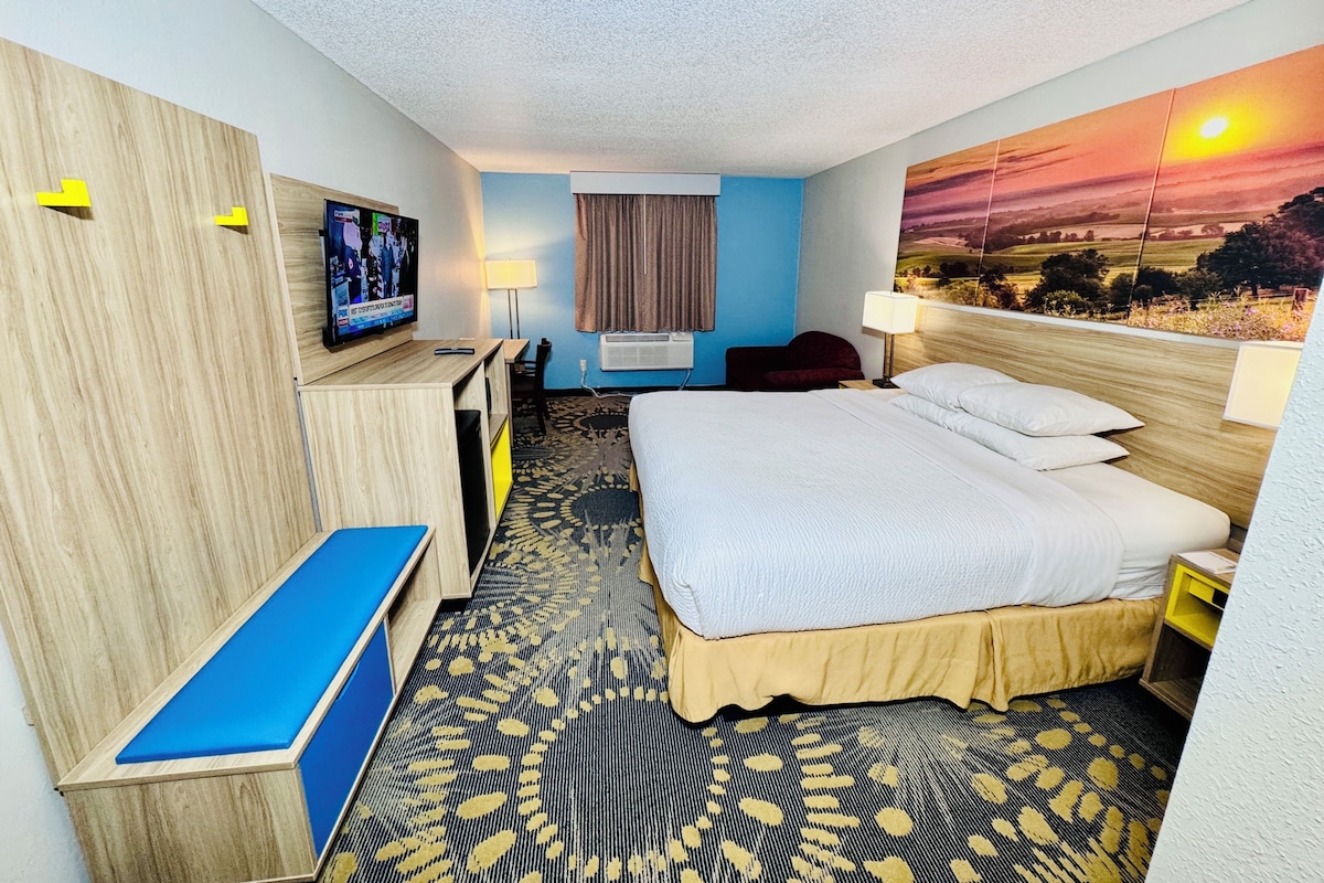 A hotel room with a bed, a desk, a TV, a window with curtains, and a wall painting.