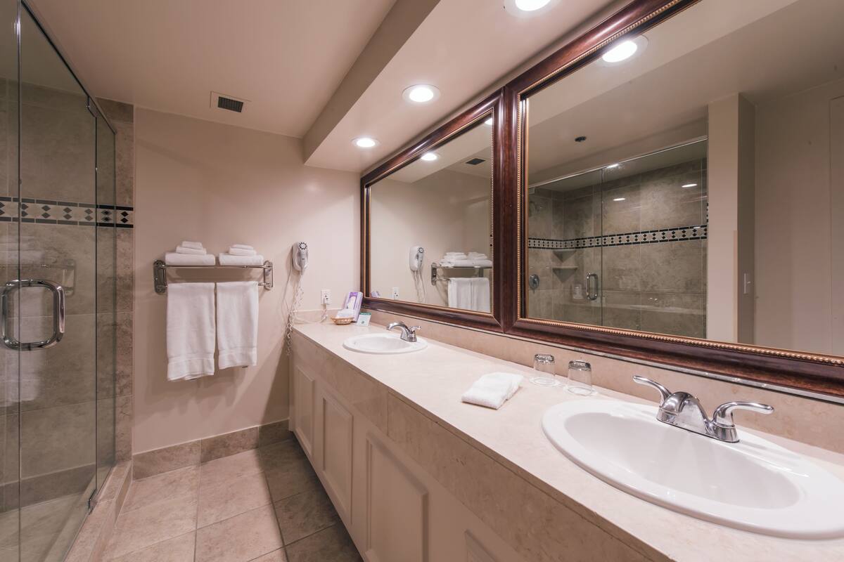 executive suite, 1 king bed | bathroom | combined shower/bathtub, designer toiletries, hair dryer, towels