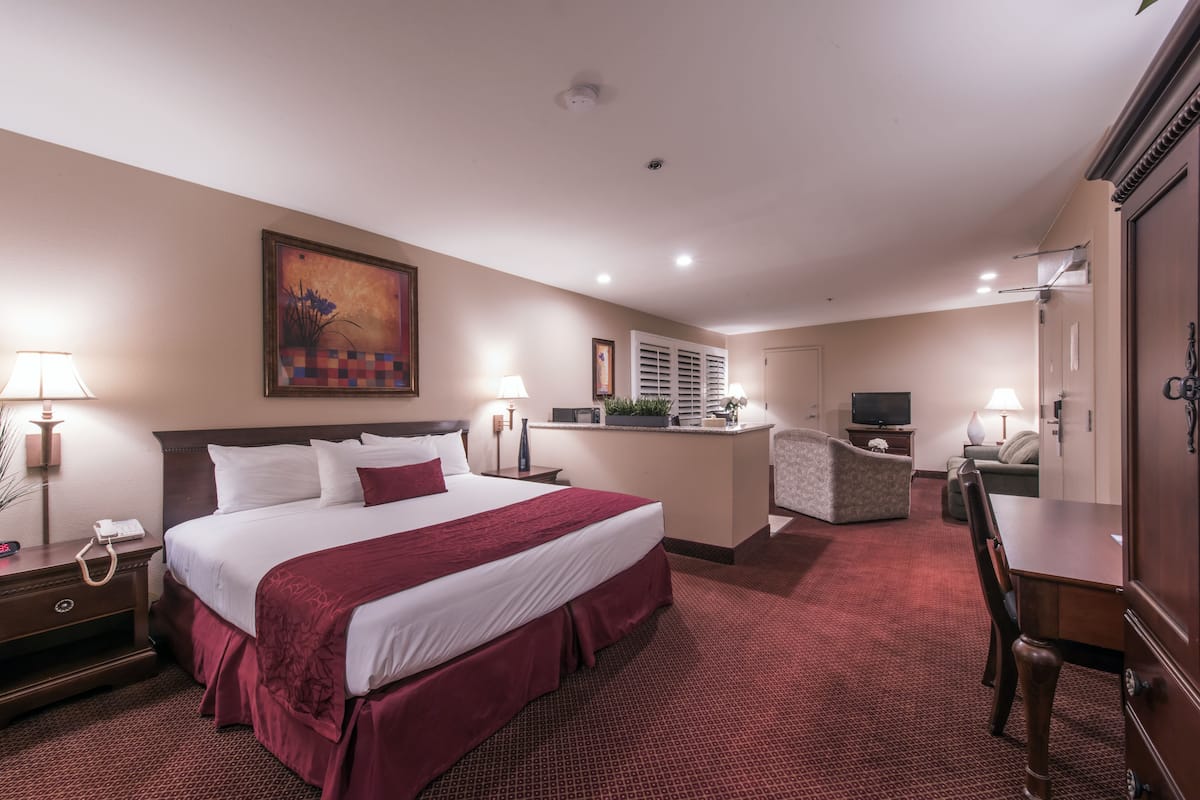 A hotel room with a large bed, a desk, a chair, a television, and a small kitchenette.