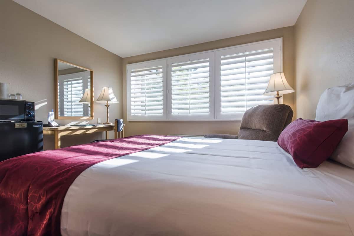 A hotel room with a bed, a desk, a chair, a TV, and a window with blinds.