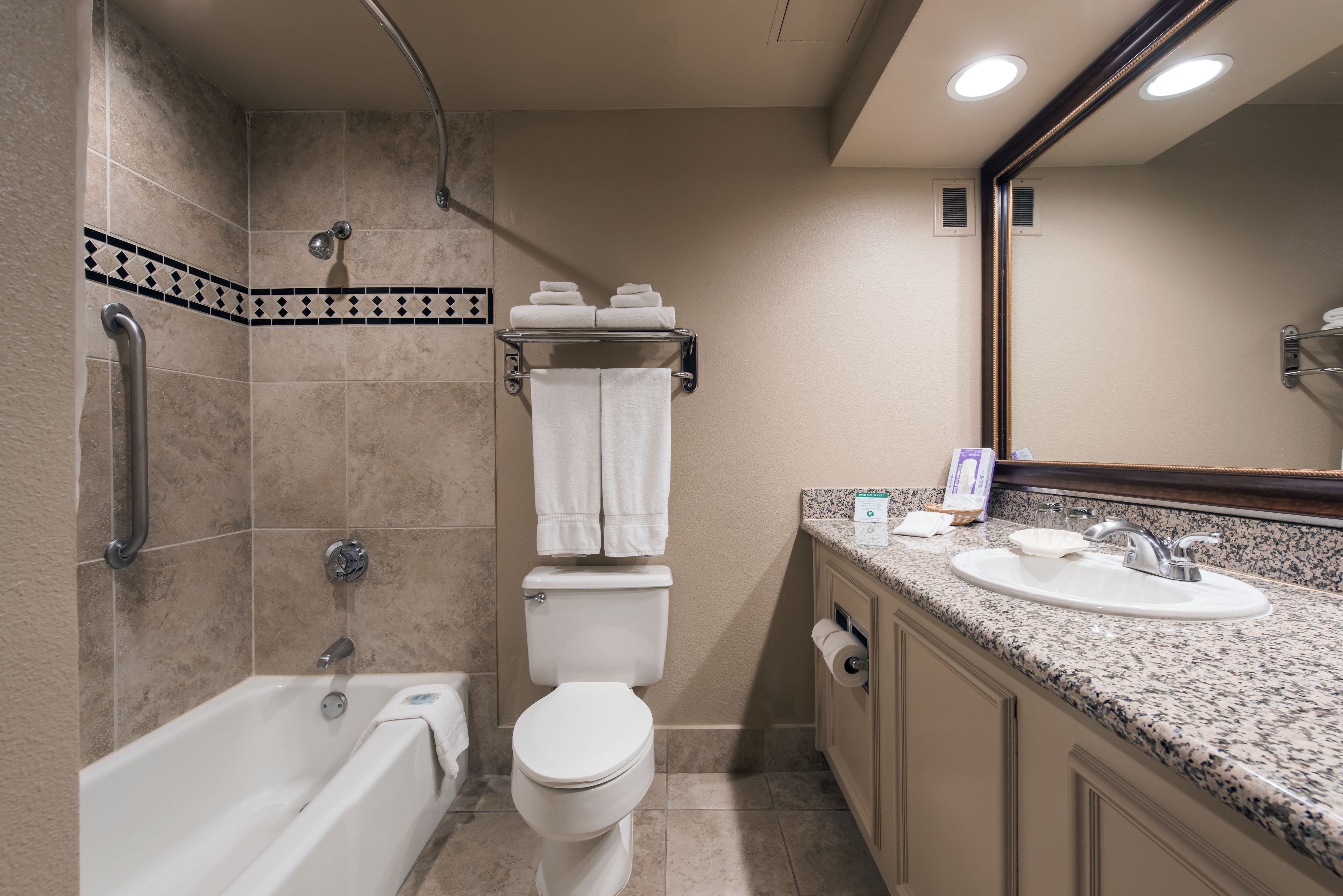 combined shower/bathtub, designer toiletries, hair dryer, towels