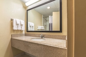Combined shower/bathtub, free toiletries, hair dryer, towels