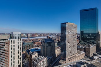 Hotel room view looking out at Boston Marriott Copley Place