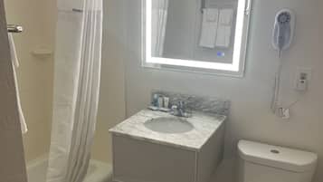 Combined shower/bathtub, free toiletries, hair dryer, towels