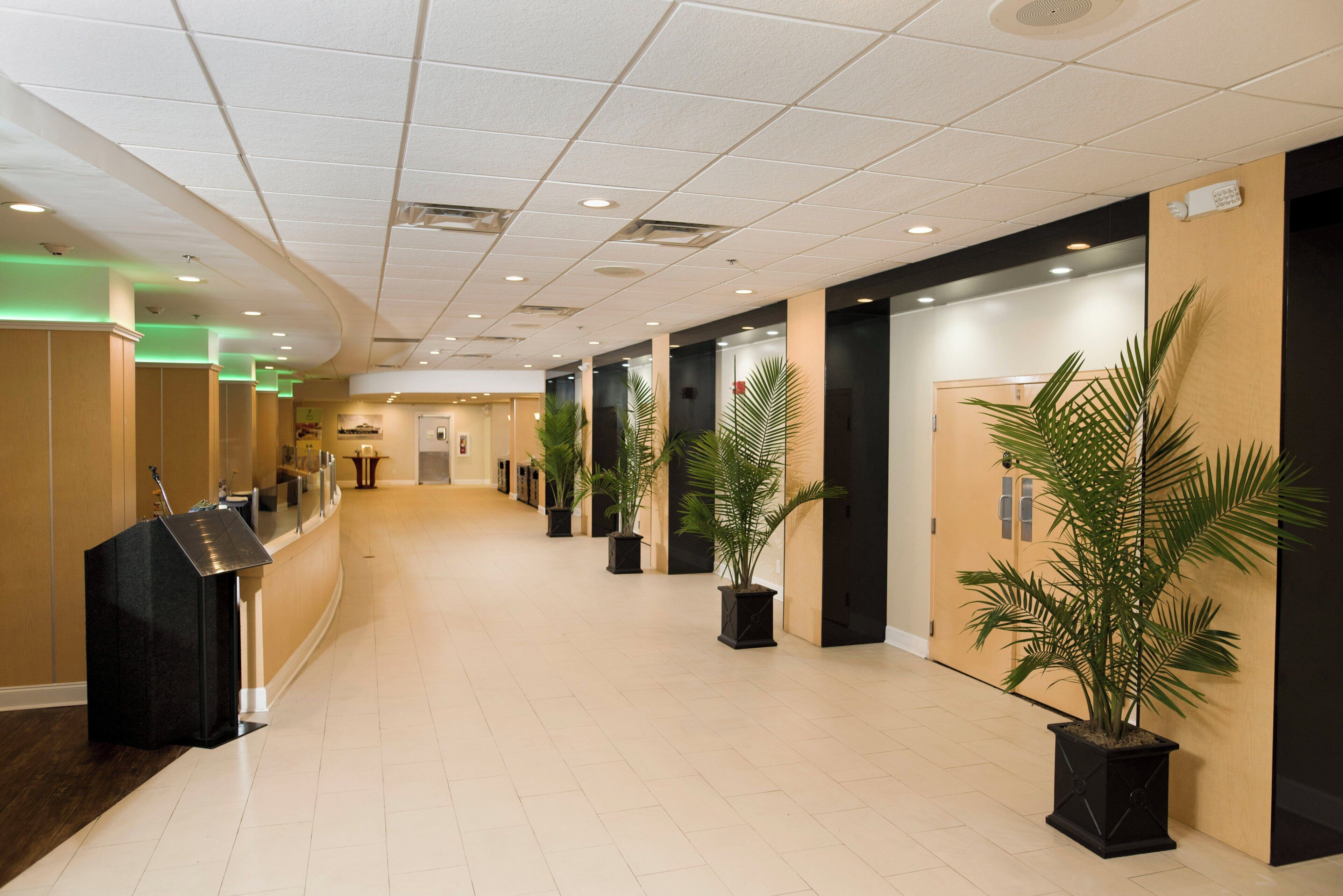 A hotel corridor with a reception desk, potted plants, and a modern ceiling design.