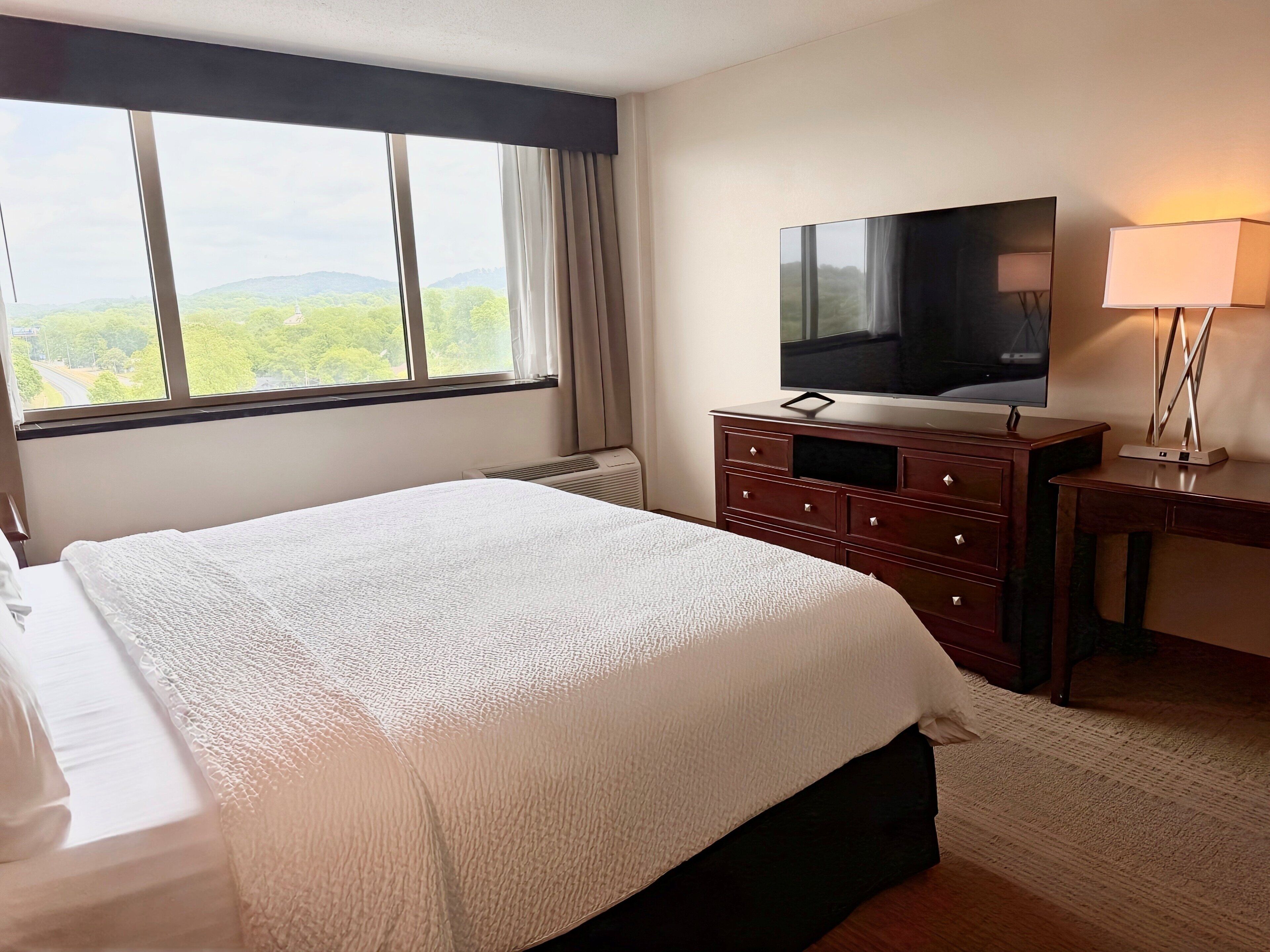 A hotel room with a large bed, a flat-screen TV, a desk with a lamp, and a window with a view of greenery.