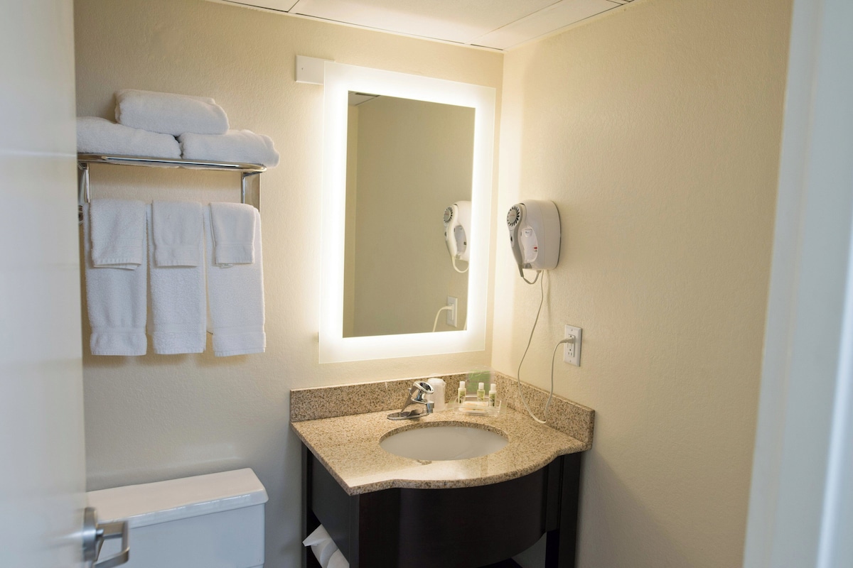 A bathroom with a sink, mirror, towel rack, and hairdryer.