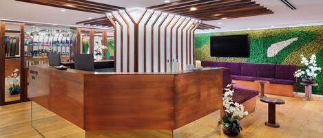 Un área de recepción con un mostrador de madera, un sofá morado y una pared verde con una planta.