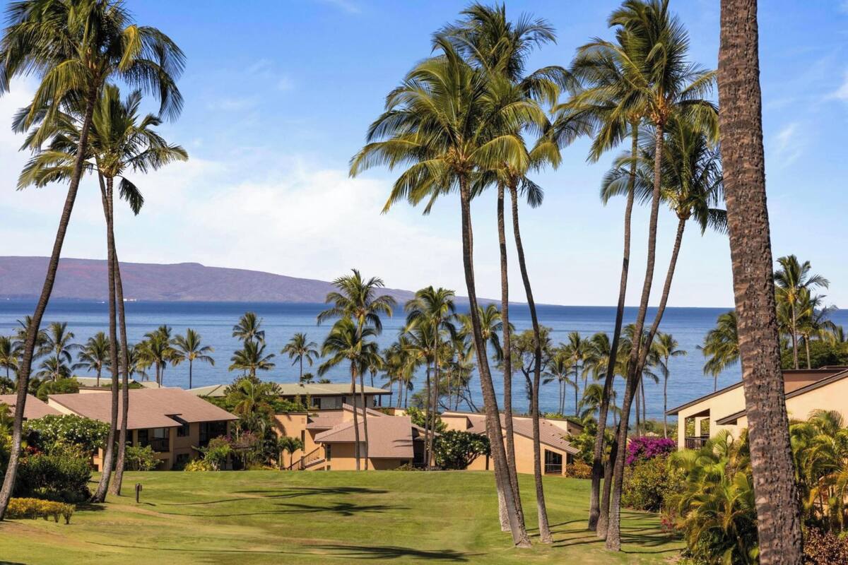 Un resort con campo de golf, palmeras y vistas al océano.