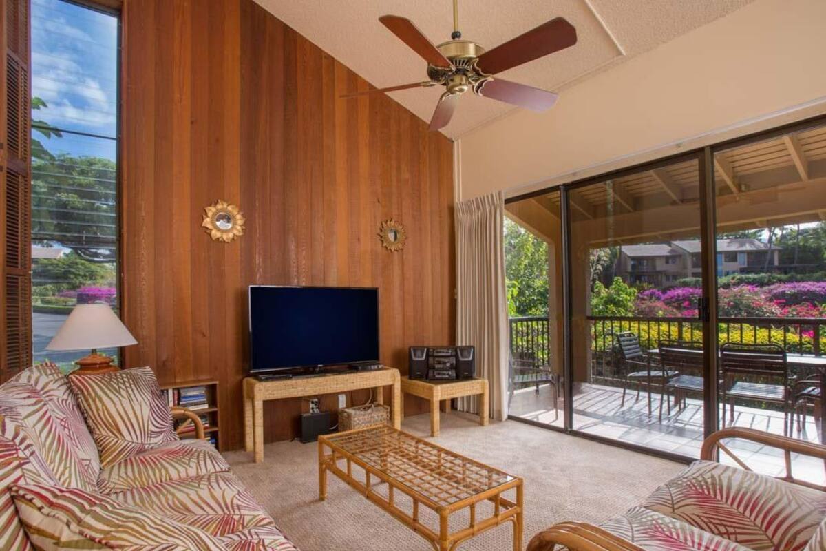 Una habitación con televisión, muebles de mimbre, ventilador de techo y balcón con mobiliario exterior.