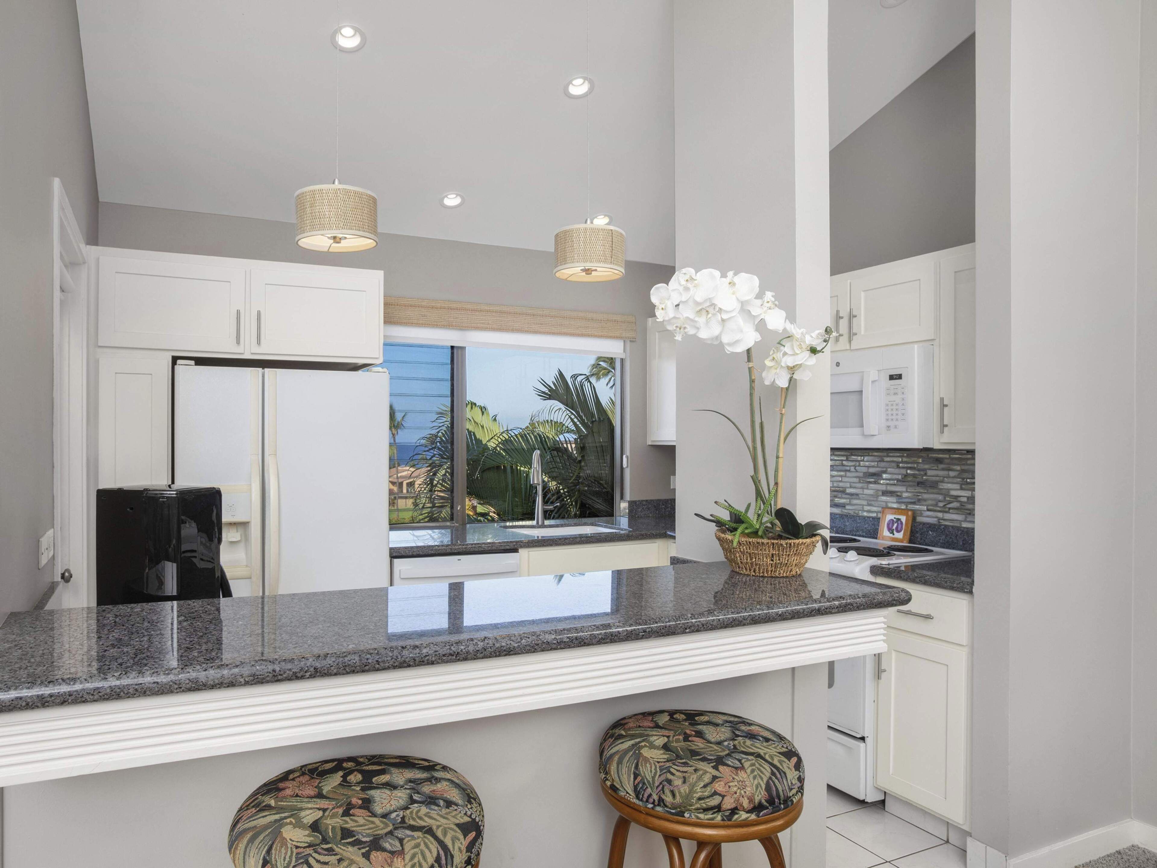 A modern kitchen with white cabinets, a granite countertop, and a large window with a view of palm trees. There are two pendant lights and a potted orchid on the counter.