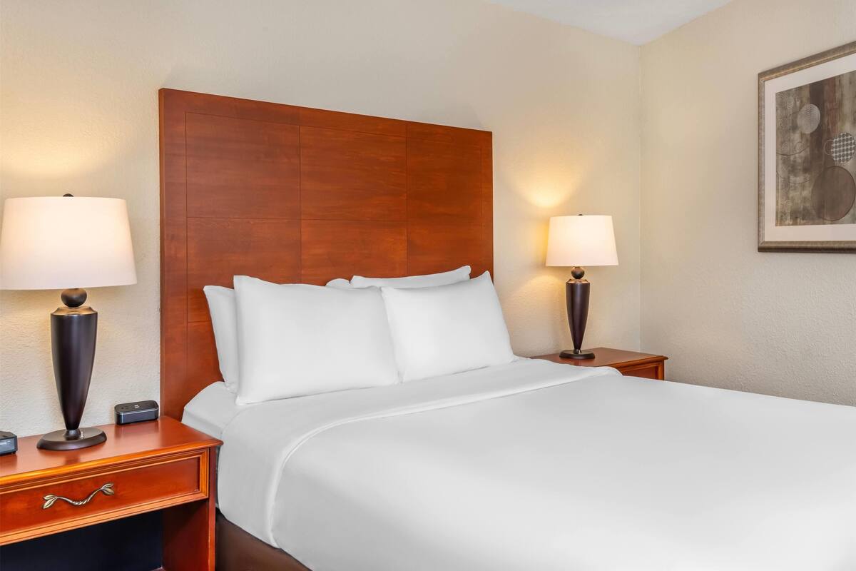 Une chambre d’hôtel avec un grand lit, deux tables de chevet avec des lampes, une tête de lit en bois et un tableau encadré au mur.