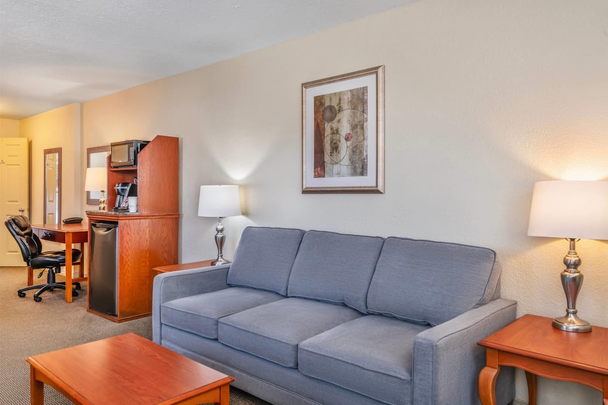 Une chambre d’hôtel avec un canapé gris, une table d’appoint en bois, un bureau avec un ordinateur, une chaise et un tableau encadré au mur.