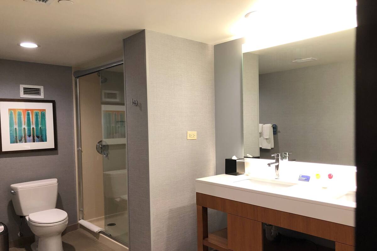 A modern bathroom with a toilet, glass shower enclosure, and a vanity with a mirror.