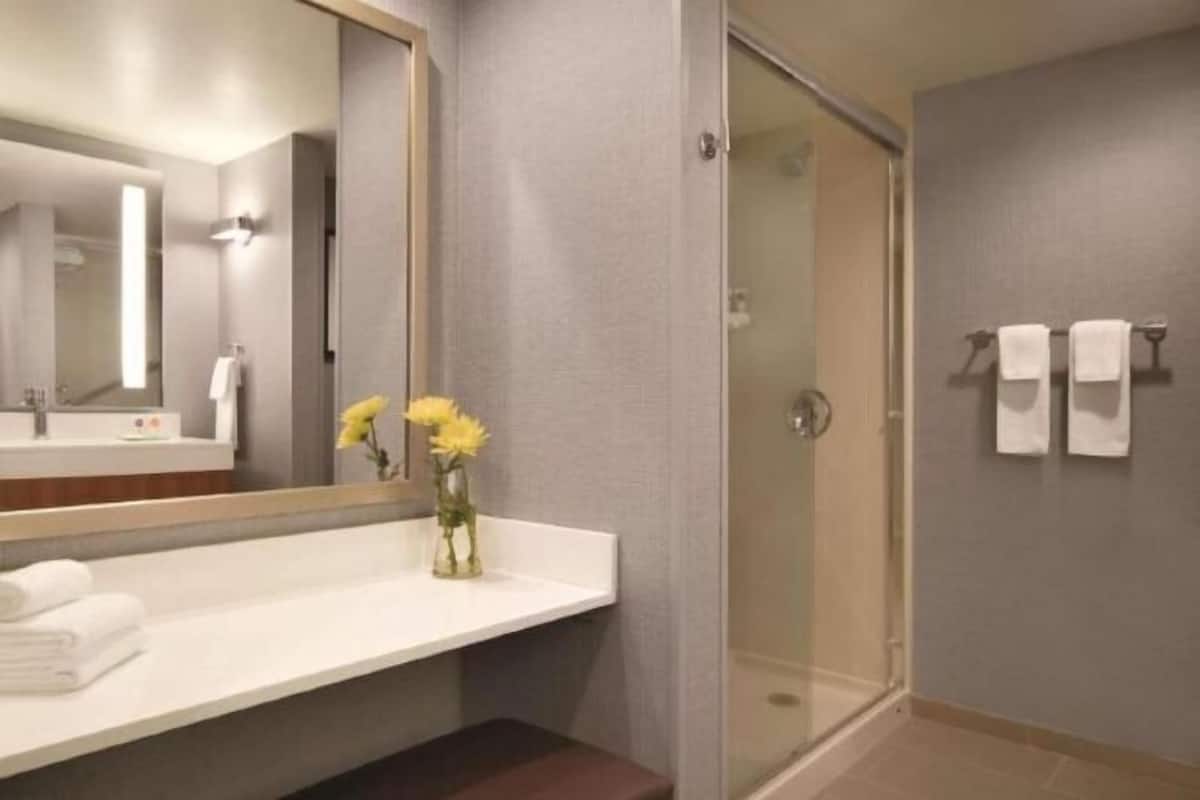 Combined shower/tub, designer toiletries, hair dryer, towels