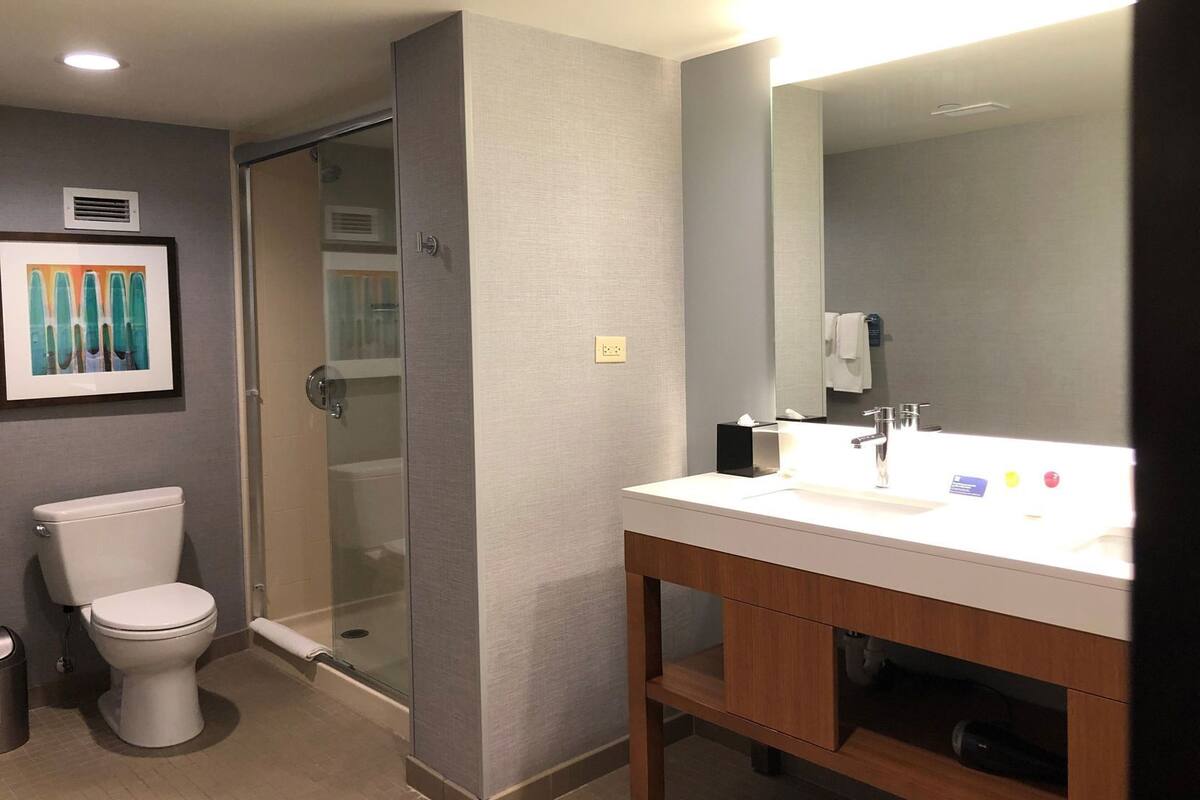 A modern bathroom with a toilet, glass shower enclosure, and a vanity with a mirror.
