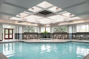 Indoor pool, seasonal outdoor pool, pool loungers
