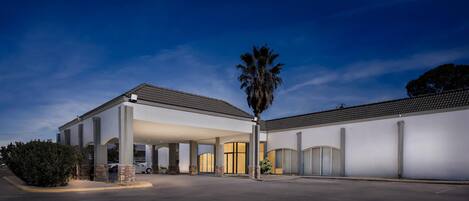 A modern building with a covered entrance, large windows, and a palm tree.