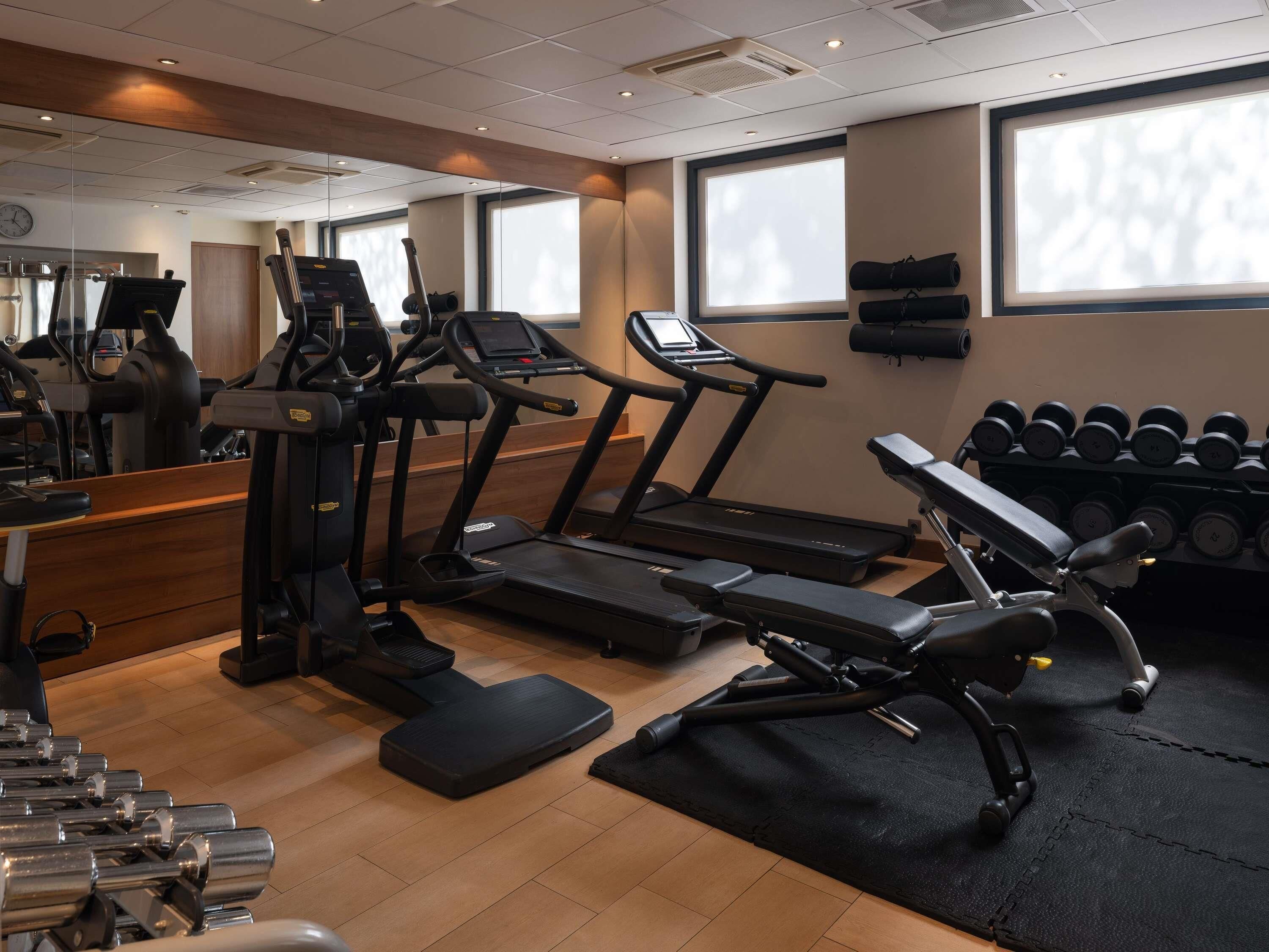 A gym with treadmills, dumbbells, and exercise equipment.