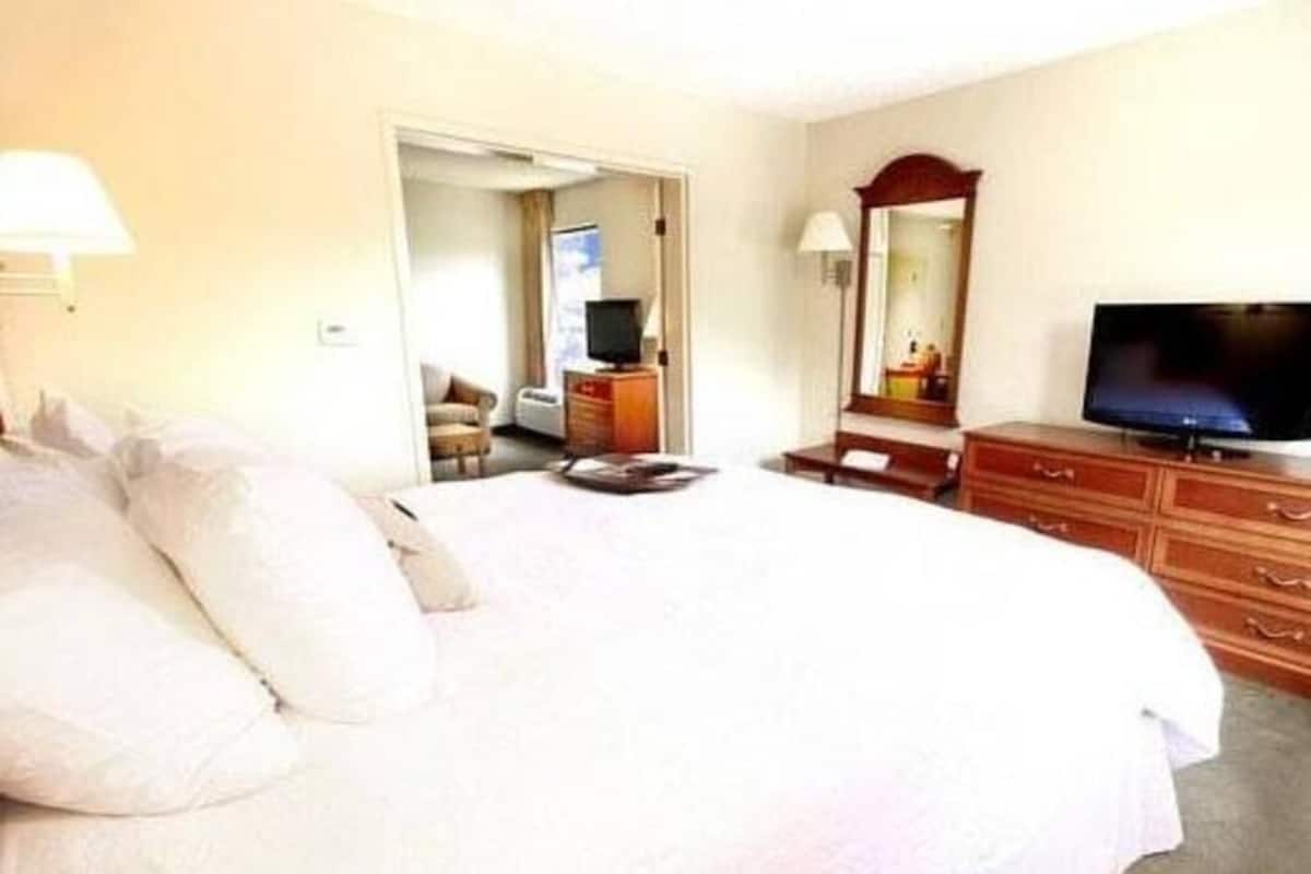 A hotel room with a large bed, a television, a dresser, and a mirror.