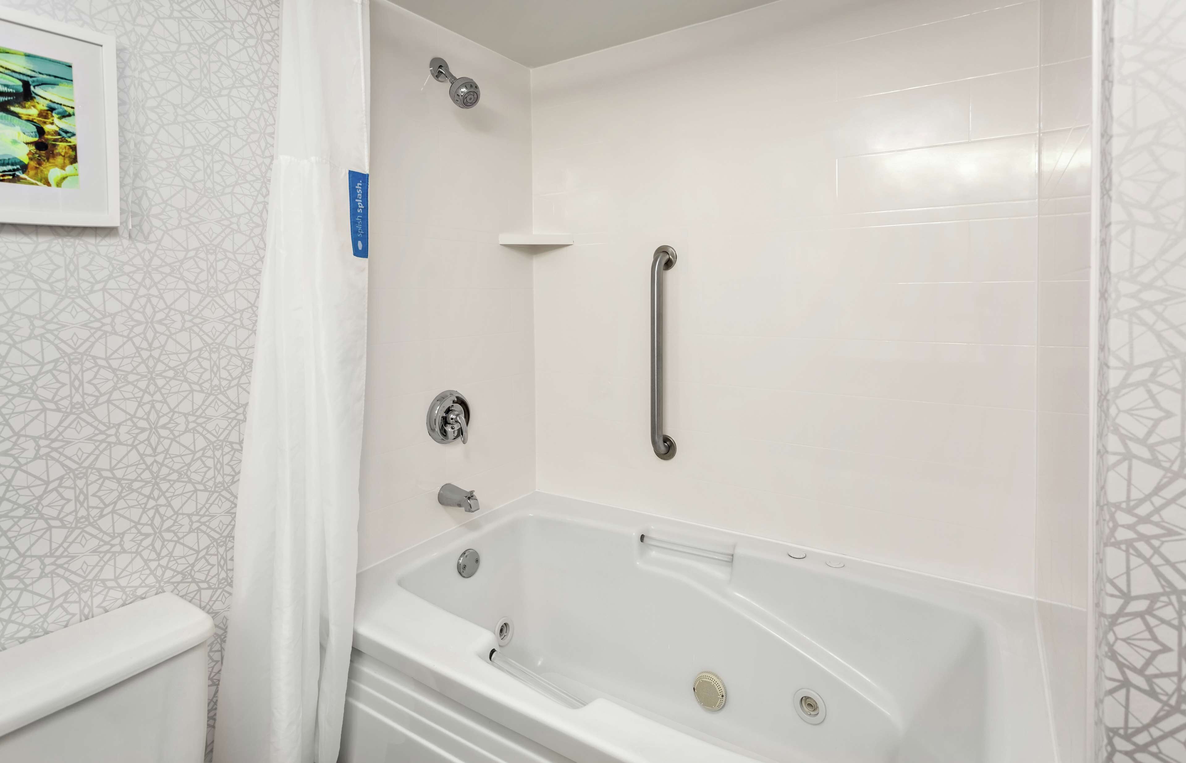 A modern bathroom with a walk-in bathtub, a shower with a handheld showerhead, and a grab bar for safety.