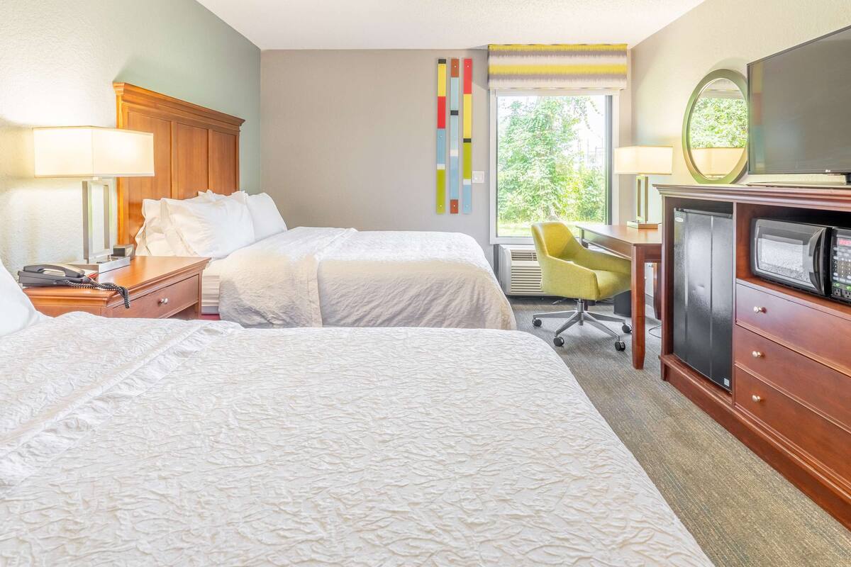 A hotel room with two beds, a desk, a chair, a television, and a window with a view of greenery.