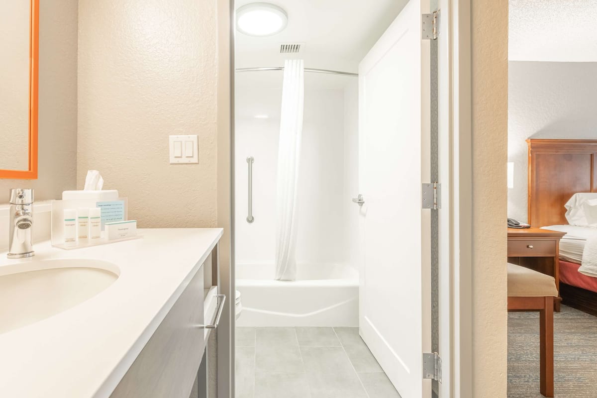 combined shower/bathtub, free toiletries, hair dryer, towels