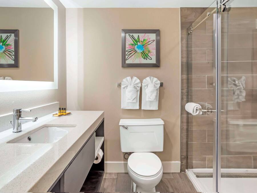 Ein modernes Badezimmer mit Duschkabine aus Glas, einer weißen Toilette und zwei gerahmten floralen Kunstwerken an der Wand.