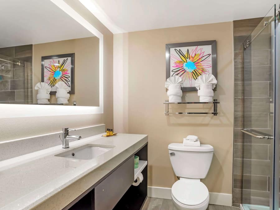 Un baño moderno con un espejo grande, un lavabo, un inodoro y una zona de ducha.