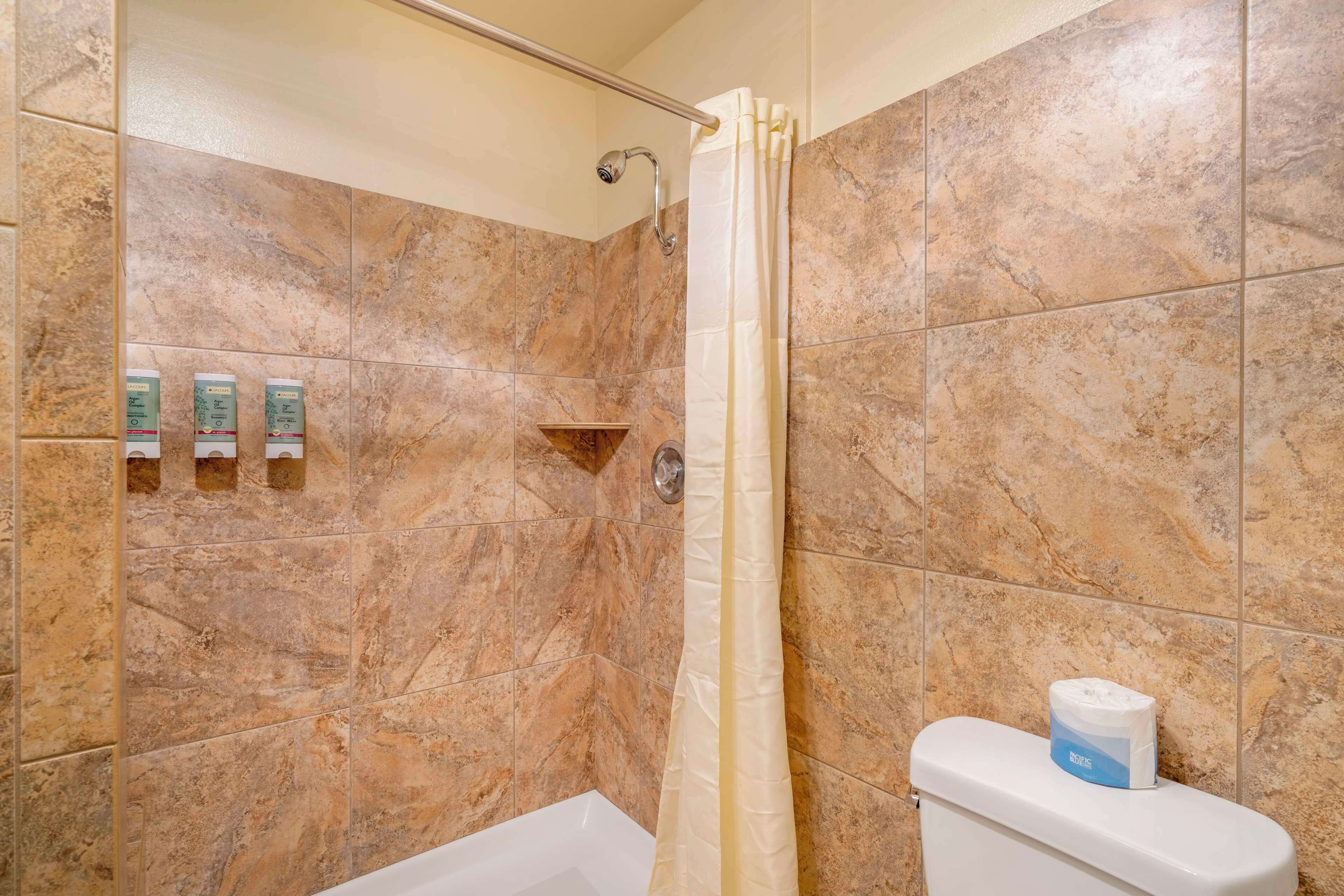 combined shower/bathtub, free toiletries, hair dryer, towels