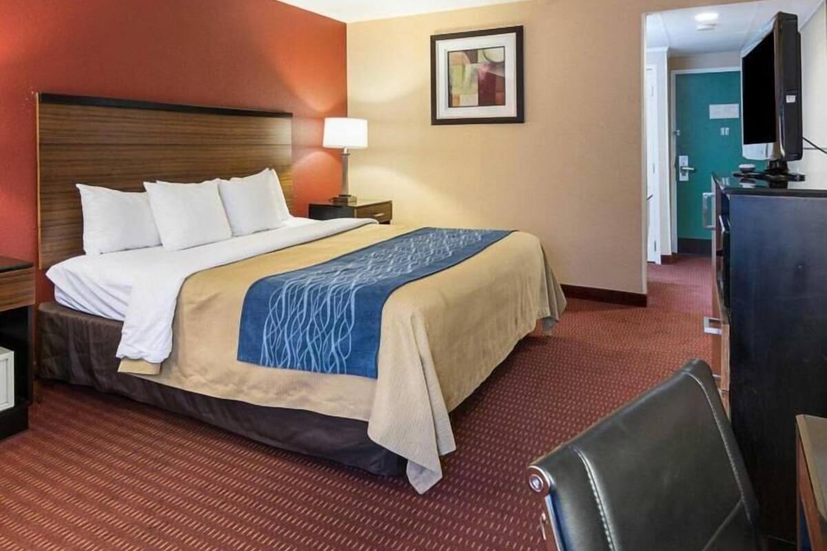 Habitación de hotel con cama, escritorio, silla, televisor y un cuadro en la pared.