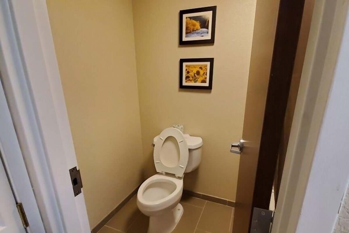 A small bathroom with a toilet, a sink, and two framed pictures on the wall.