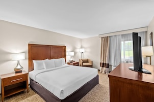 A hotel room with a large bed, bedside lamps, a desk, a chair, and a television.
