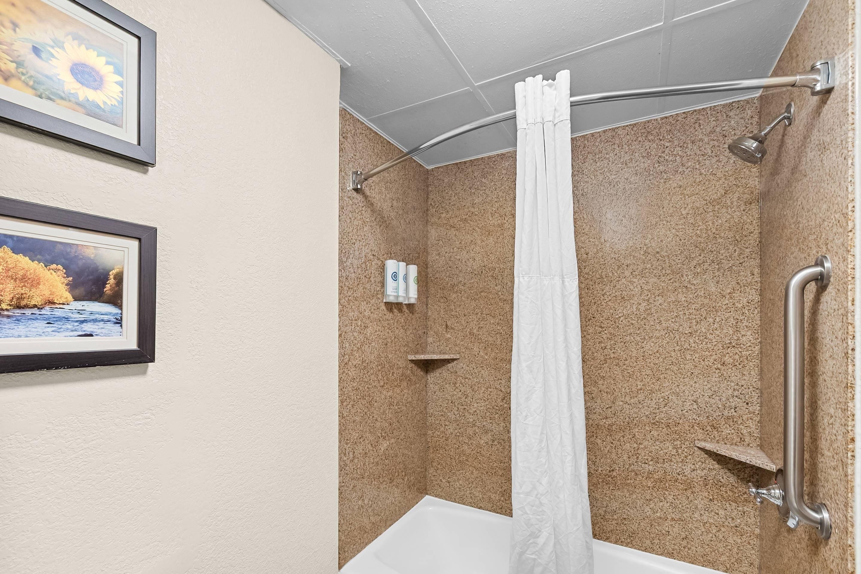A shower area with a white curtain, a handheld showerhead, and a wall-mounted faucet.