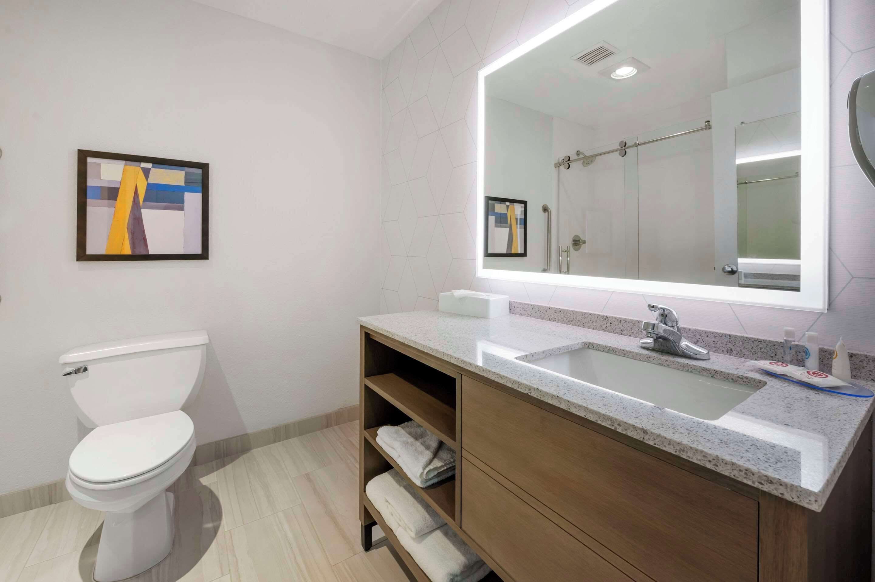 A modern bathroom with a white toilet, a large mirror, a granite sink, and wooden cabinetry.