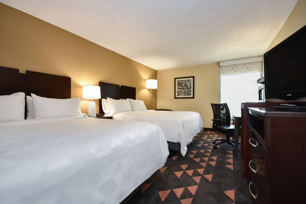 A hotel room with two beds, a desk, a chair, a TV, and a patterned carpet.