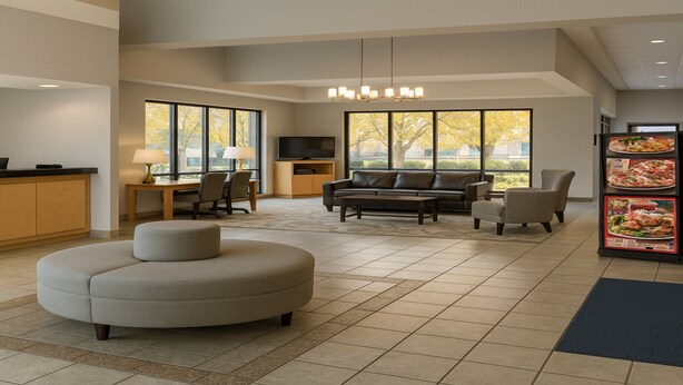 A spacious living room with a round ottoman, a sofa, and a coffee table. There is a television, a desk with a lamp, and a window with a view of trees. - Holiday Inn Lumberton by IHG (Lumberton)