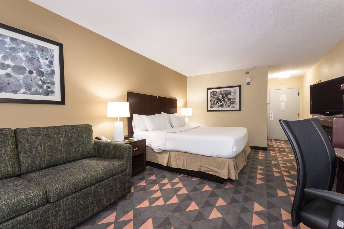 A hotel room with a bed, a sofa, a desk, and a TV.