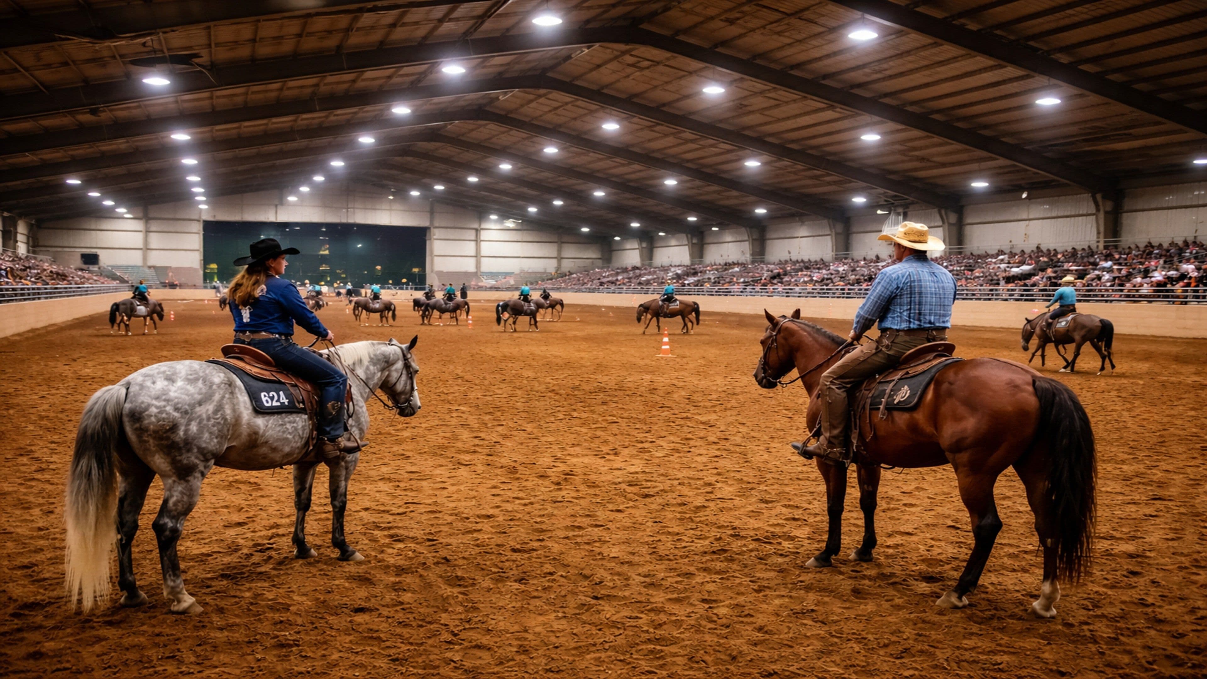 An indoor arena with multiple riders on horses, a dirt floor, and a large audience in the stands.