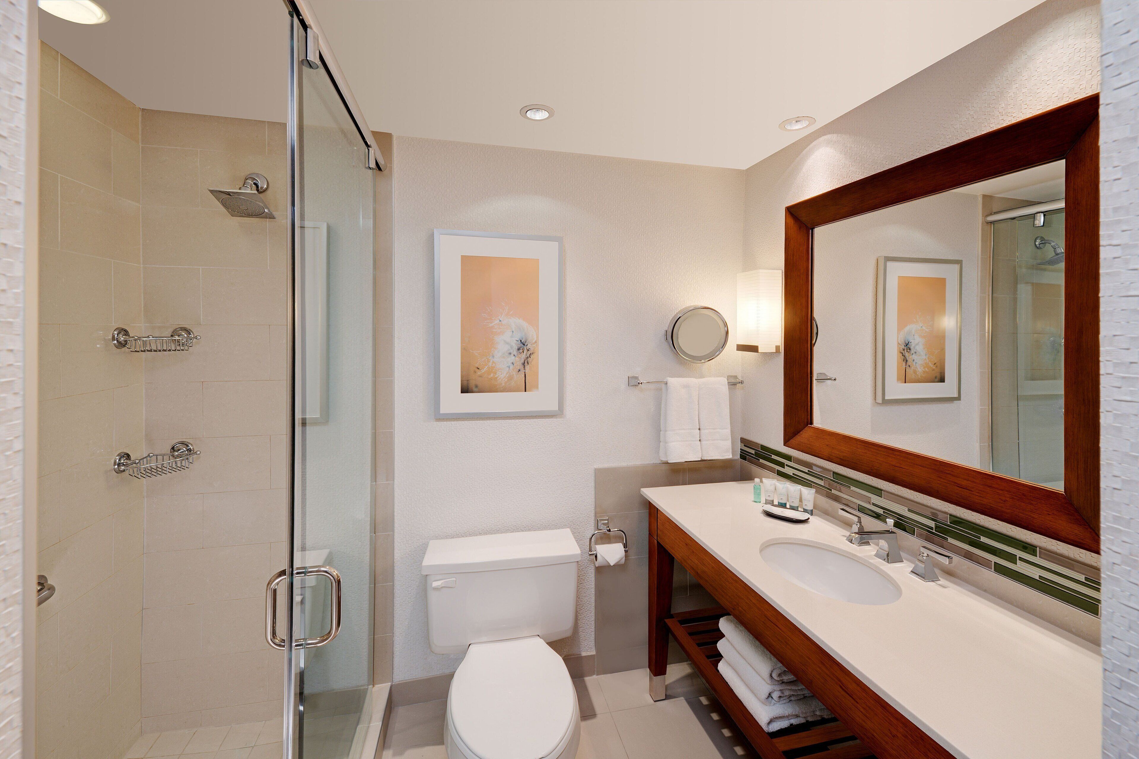 combined shower/bathtub, rainfall showerhead, designer toiletries