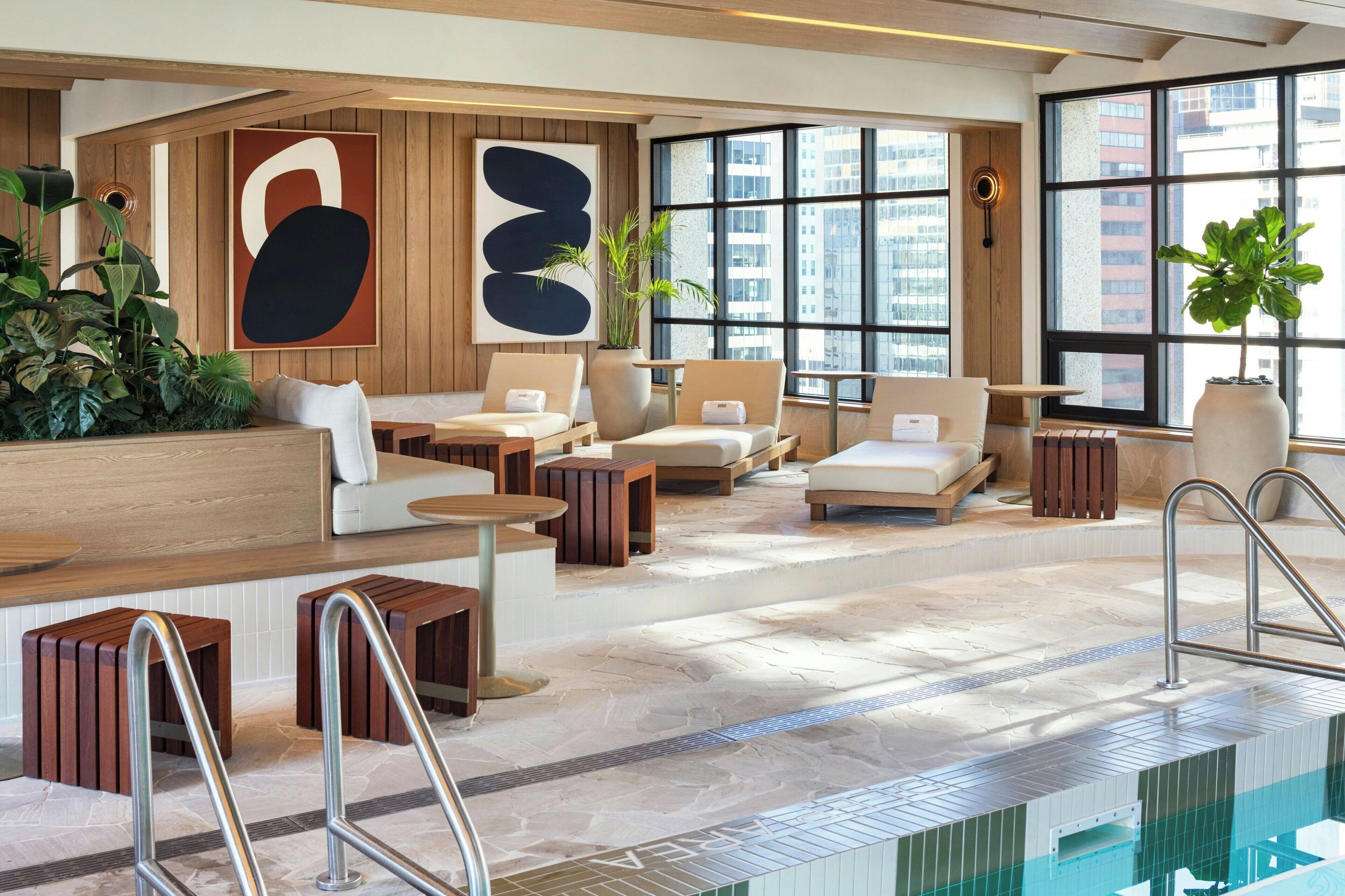 indoor pool, pool loungers