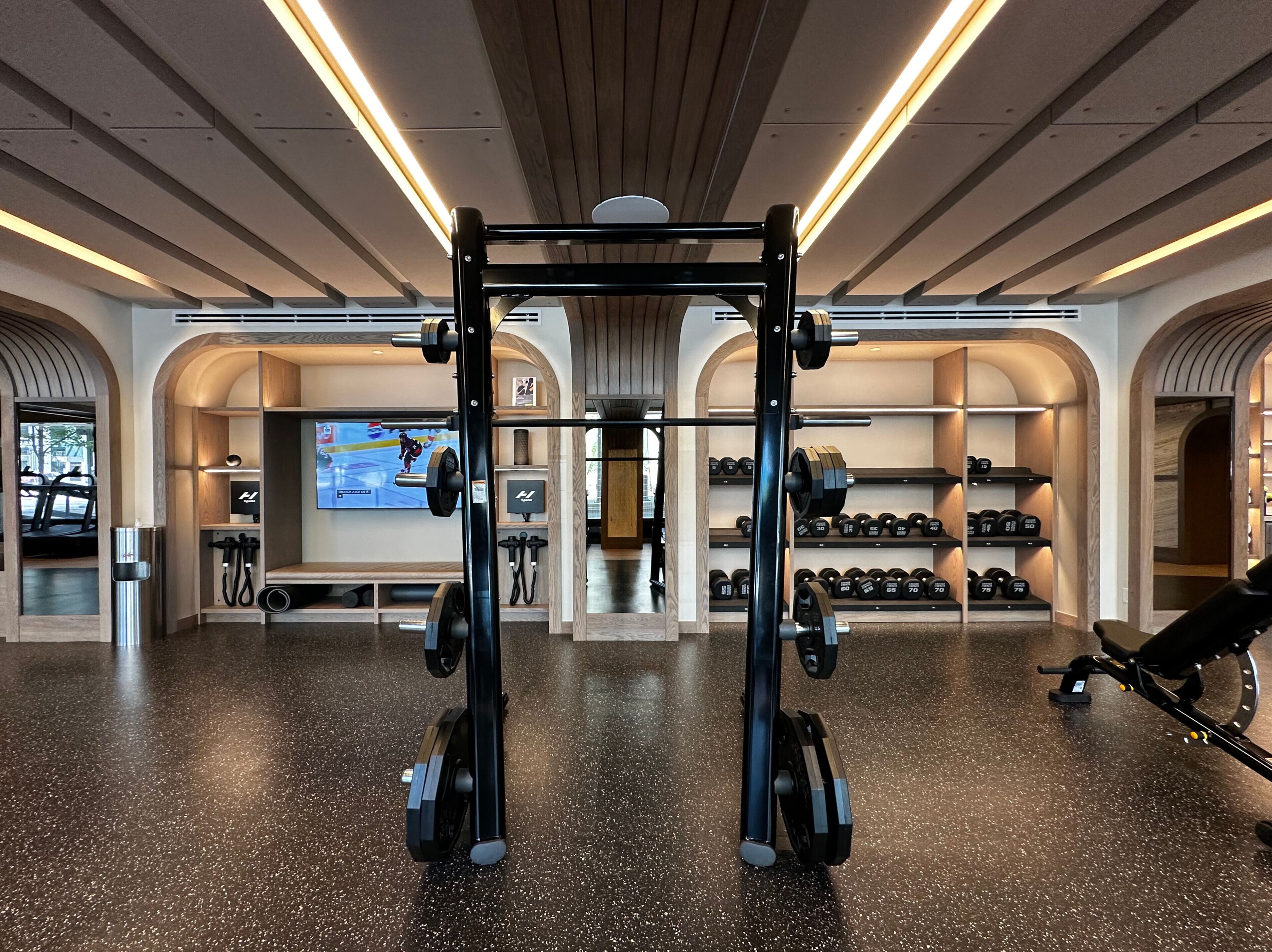 A gym with a squat rack, dumbbells, and a treadmill.