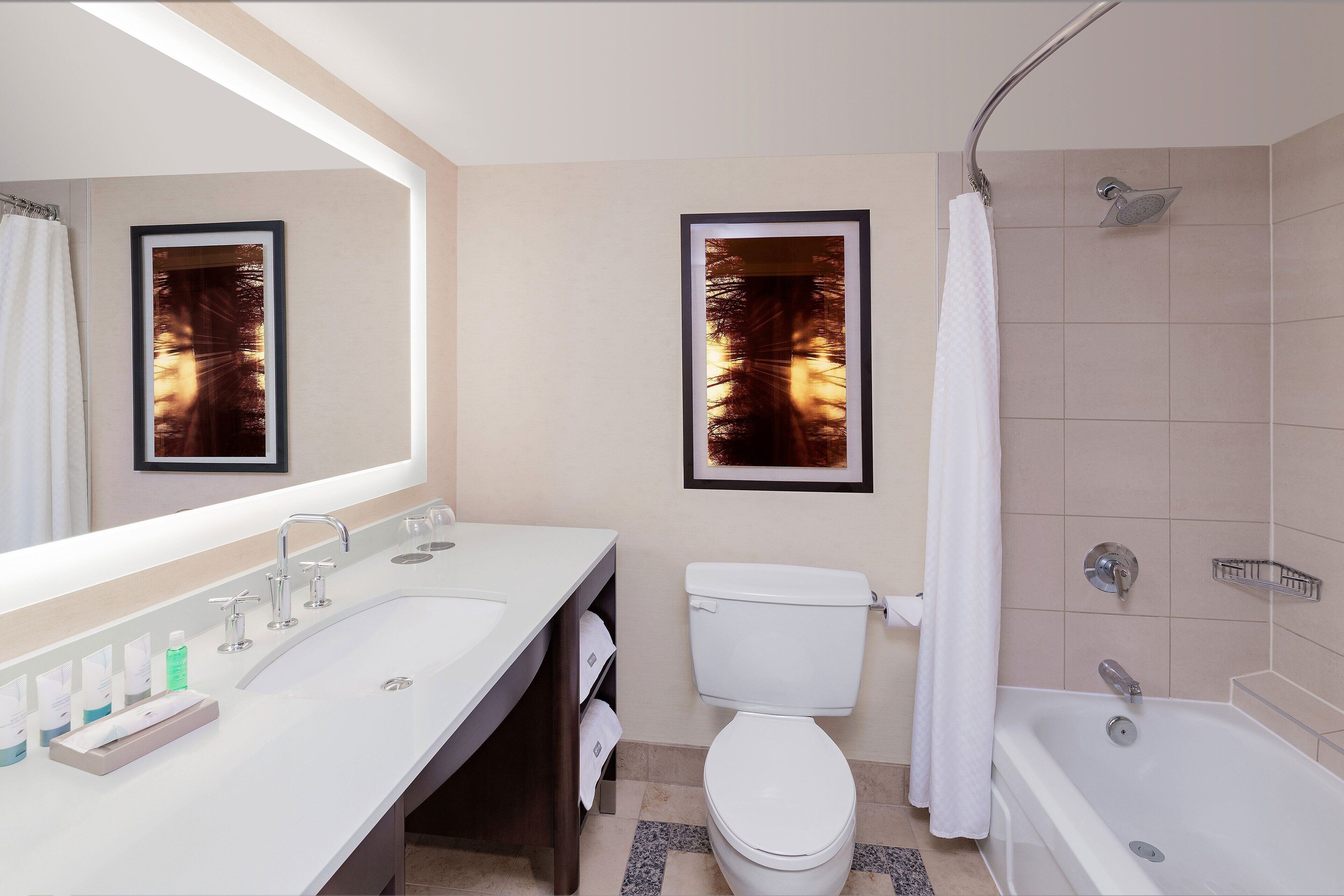 A modern bathroom with a large sink, toilet, and bathtub.