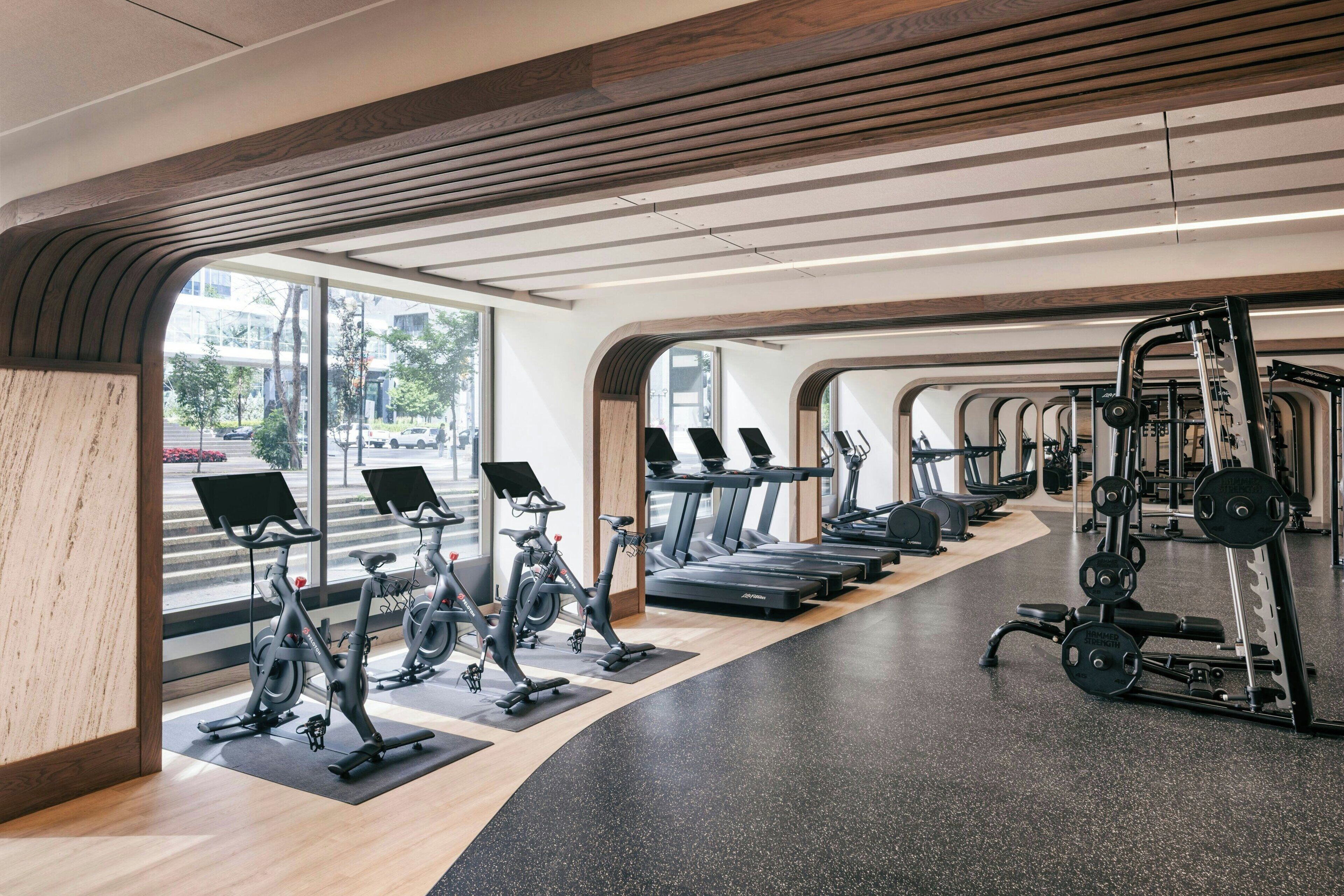 A gym with exercise bikes, treadmills, and weightlifting equipment.