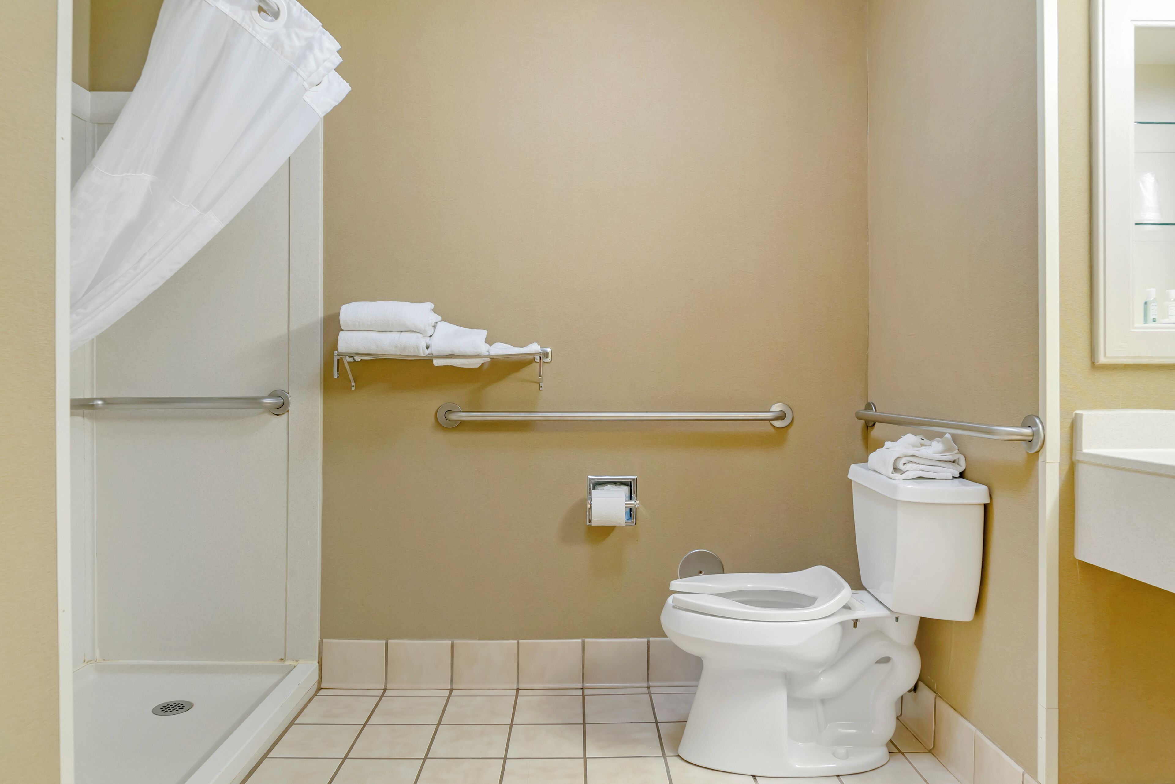 Et badeværelse med brusebad, toilet og gelændere.