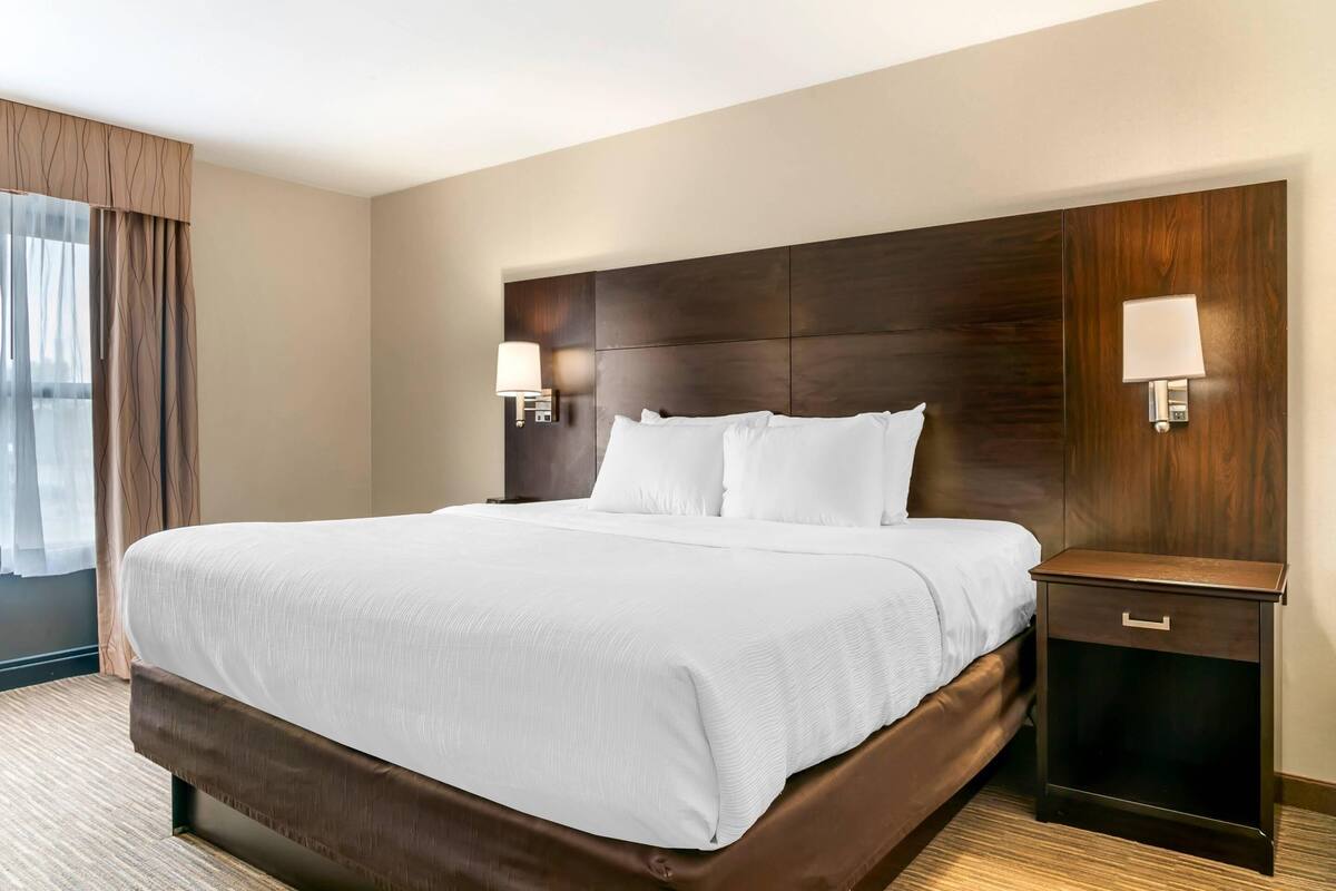 A hotel room with a large bed, two bedside lamps, a wooden headboard, and a nightstand with a drawer.