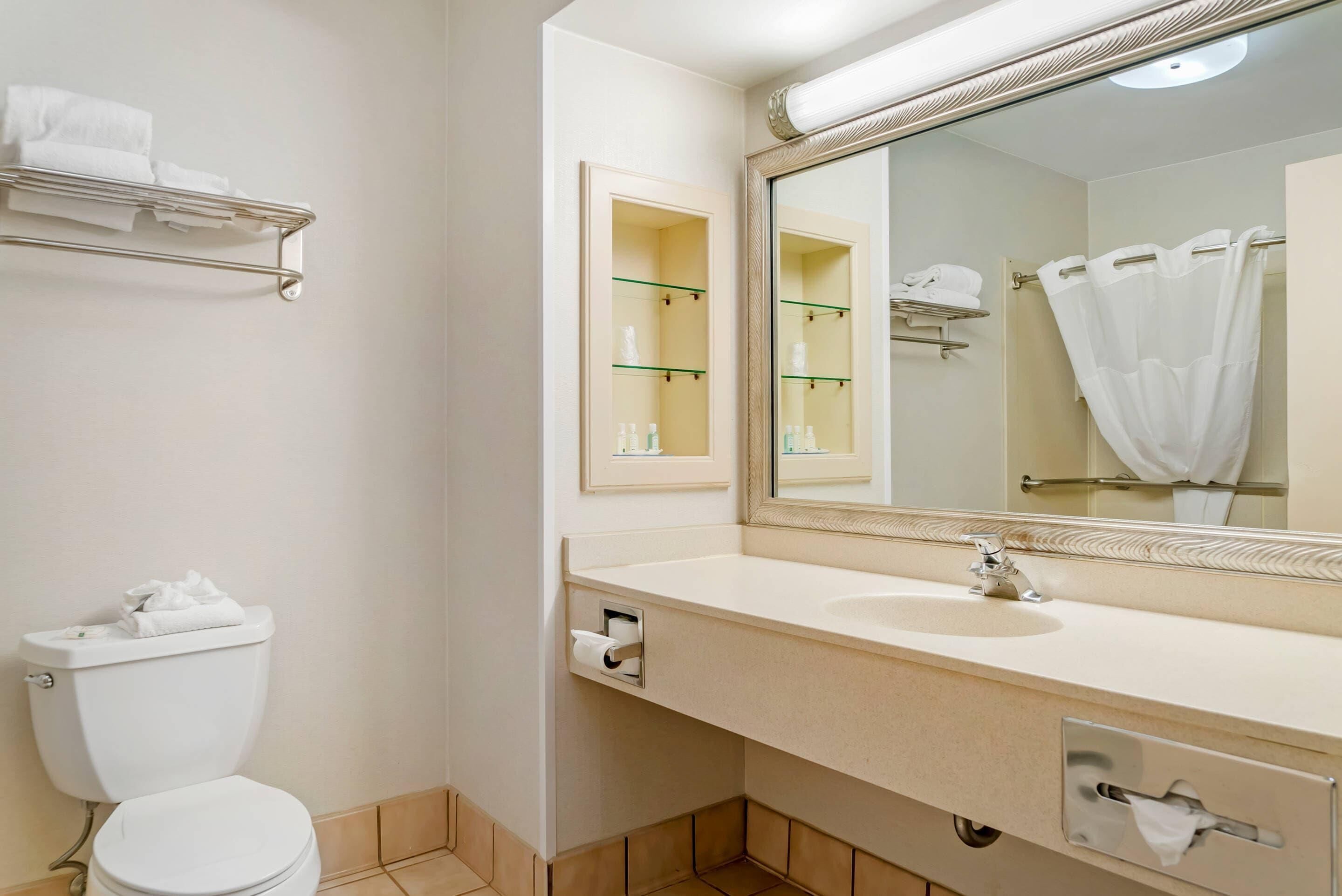 A bathroom with a toilet, sink, mirror, towel rack, and glass shelves.